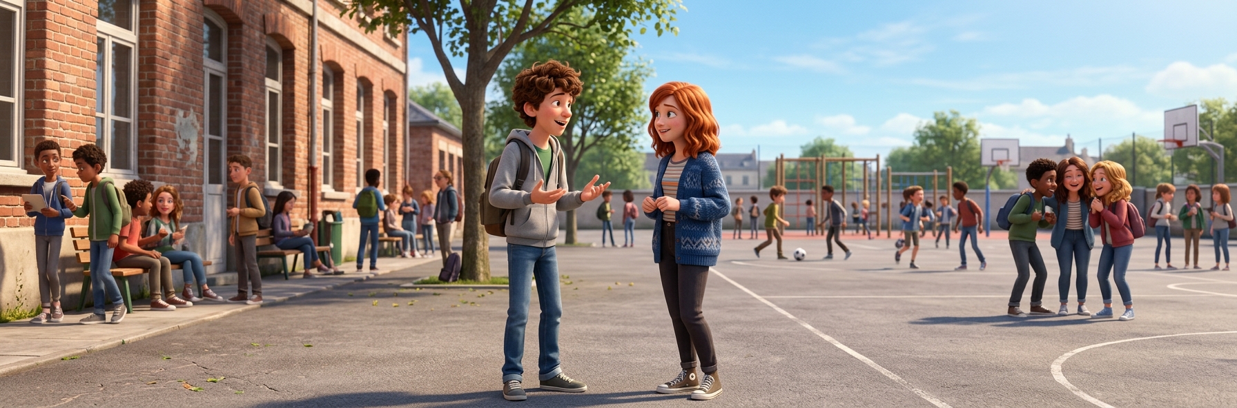 Nina et Tom discutent dans la cour de récréation le jour de la rentrée